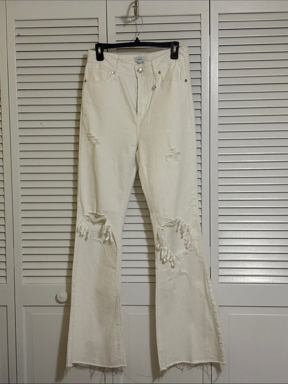 Forever 21 White Distressed Flare Jeans with Frayed Knees